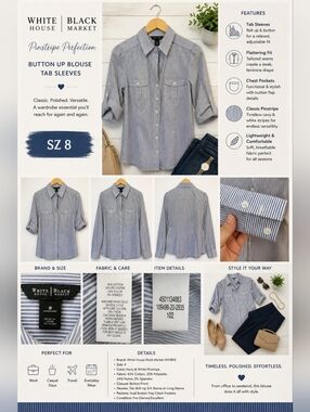 Sz 8 White House Black Market (WHBM) Pinstripe Button-up Shirt Cotton Blend